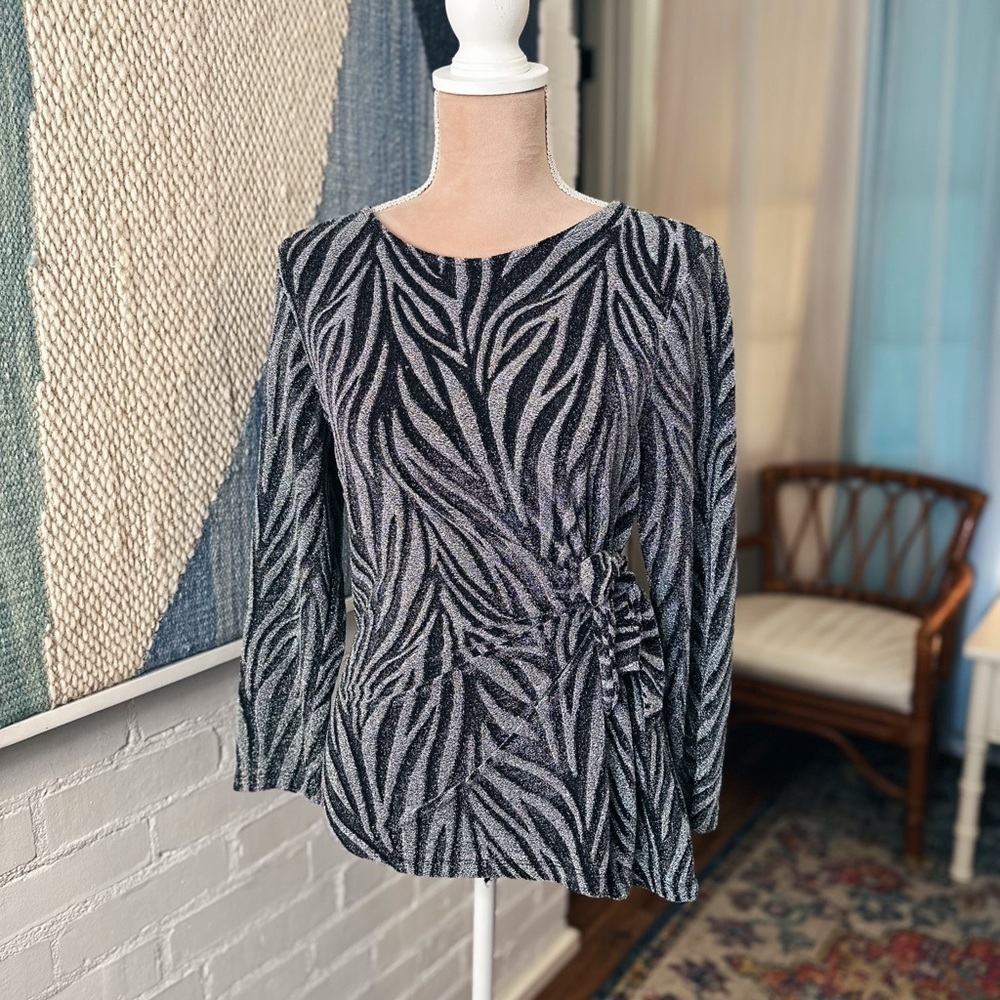 Kasper Zebra Print Shimmery Faux Wrap Blouse